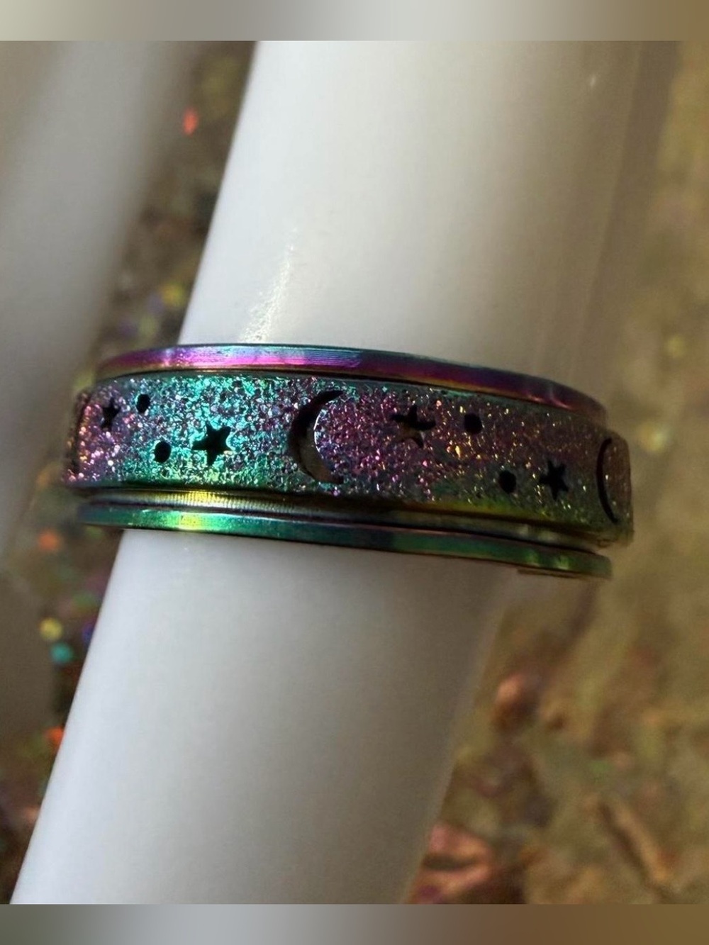 Moon Star Iridescent Rainbow Glitter Spinner Fidget Ring -Anti-Stress/anxiety